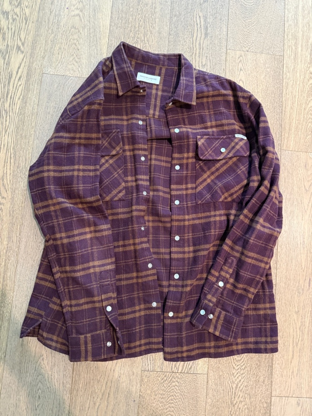 Maison Labiche Paris Men's Plaid Flannel Shirt Jacket - Burgundy/Tan